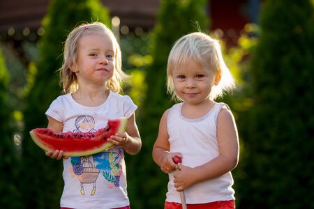 Cute toddler children, baby boy and baby girl, eating ripe watermelon in garden, tasty fruitsの写真素材