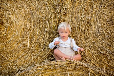 Happy children, playing on haystacks in a field, summertimeの写真素材