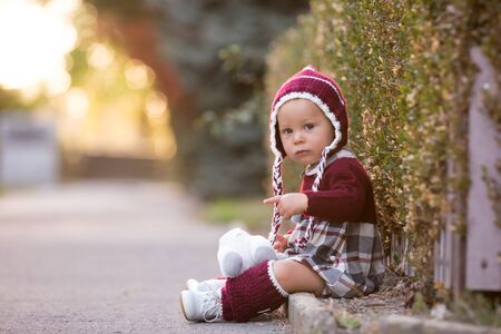 Fashionable little toddler boy with knitted outfit, walking in autumn park with plush toy  in hands on sunsetの写真素材