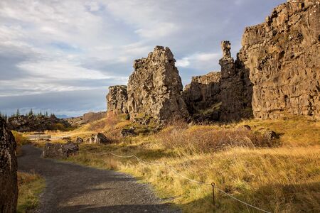 Scenic landscape view of Thingvellir National Park rift valley, Iceland autumntimeの写真素材