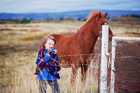Child, drinking tea in the morning in nature, horses in the field behind him, Iceland autumntimeの写真素材