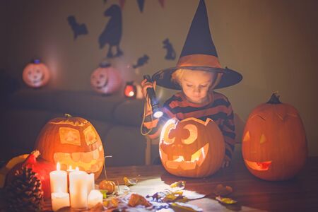 Adorable child, toddler girl, playing with Halloween carved pumpkin and decoration at homeの写真素材