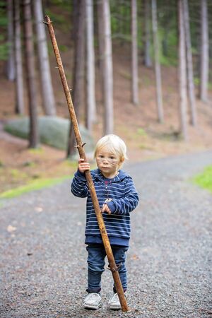 Sweet toddler boy with painted face, hiking in the forest on a sunny autumn dayの写真素材