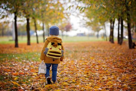 Beautiful fashion toddler boy, walking in park with lantern in hand and backpack on his backの写真素材