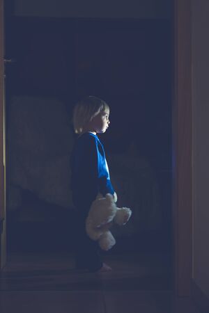 Toddler child, boy, hodling teddy bear, standing in hallway next to the door to bedroom, fairy tale pictureの写真素材