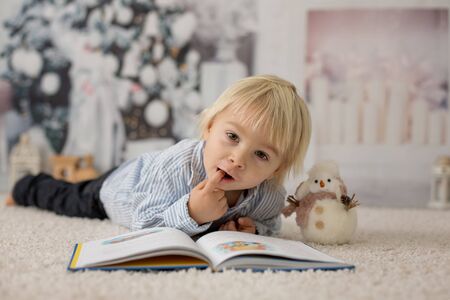 Blond toddler child, boy, reading a book at home, lying on the floor with a toyの写真素材