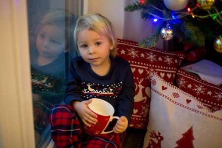 Sweet toddler boy in christmas pajama, sitting on window close to christmas tree, drinking milk and waiting for Satna Clausの写真素材