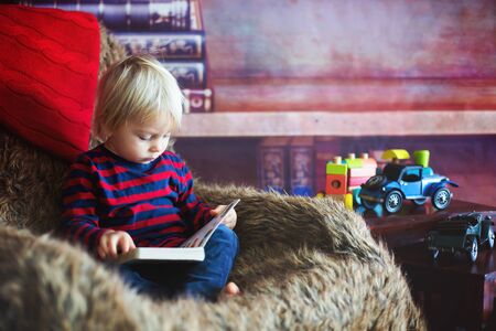Sweet toddler boy, reading book at home in cozy sofaの写真素材