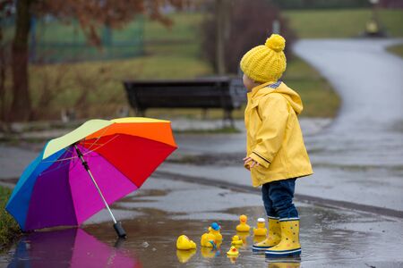 Beautiful funny blonde toddler boy with rubber ducks and colorful umbrella, jumping in puddles and...