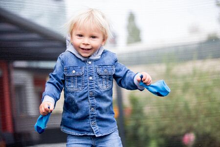 Cute little boy with static electricy hair, having his funny portrait taken outdoors on a trampolineの写真素材