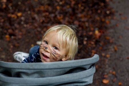 Adorable blond toddler child with bear mask and painted face, smiling