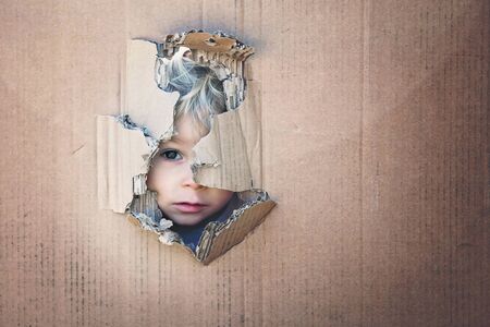 Sweet toddler child, cute blond boy, hiding in cardboard box, looking out from a hole, smiling