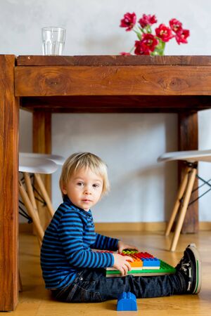 Adorable little boy playing with colorful plastic construction blocks at home, sitting on the floor under the table. Creative games for kidsの写真素材