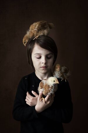 Young boy with chickens in studio, isolated on brown background