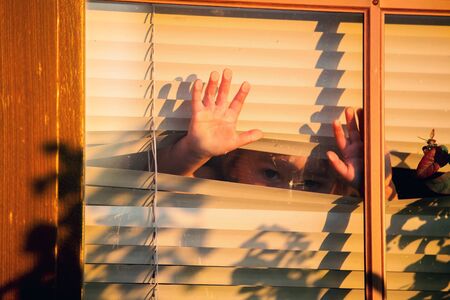 Child, toddler boy, looking through window outside