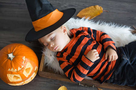 Baby boy with halloween hat, sleeping in a basket, halloween decoration around himの写真素材