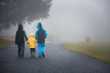 Children, siblings, walking on a rural path on a foggy autumn day togetherの写真素材