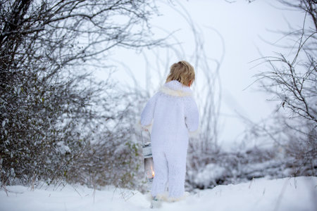 Beautiful blond toddler child, boy with white knitted handmade overall, holding lantern in the snow, winter fairytaleの写真素材
