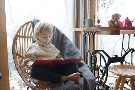 Cute toddler child in a little fancy wooden cottage, reading a book, drinking tea and enjoying cozy atmosphereの写真素材