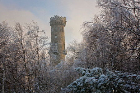 Beautiful winter view of frosted trees and rock at sunset, frozen lookout tower Sneznik, Bohemian Switzerlandのeditorial素材