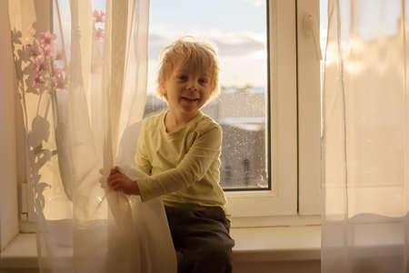 Blond toddler child, sitting on the window on sunset, looking outの写真素材