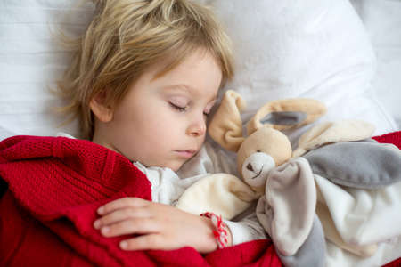 Little toddler child, cute blond boy, sleeping in the afternoon with cute stuffed toy at homeの写真素材