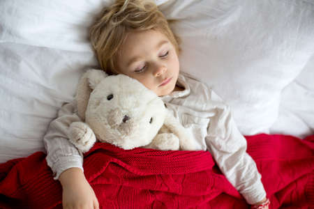 Little toddler child, cute blond boy, sleeping in the afternoon with cute stuffed toy at homeの写真素材