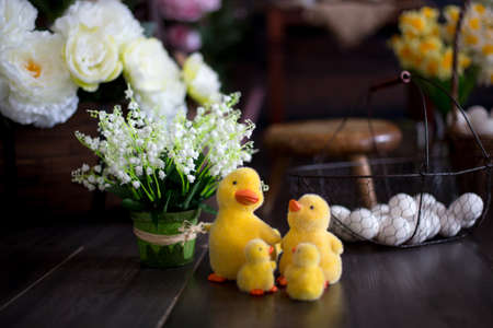 Cute toddler blond child, boy with easter decoration in studioの写真素材
