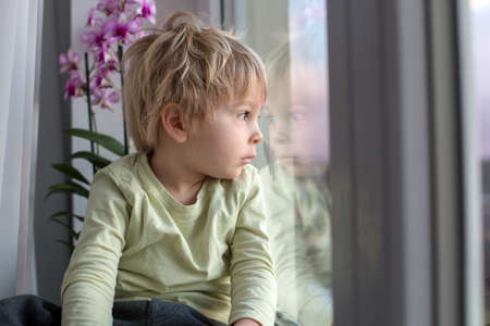 Blond toddler child, sitting on the window on sunset, looking outの写真素材
