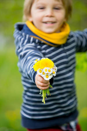 Beautiful toddler blond child, cute boy, lying in the grass in daisy and dandelions flower filedの写真素材