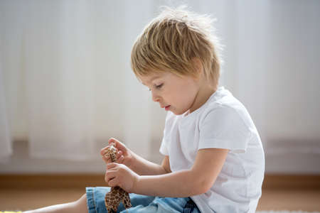 Blond child, toddler boy, playing with plastic animal toys at home, soft back light