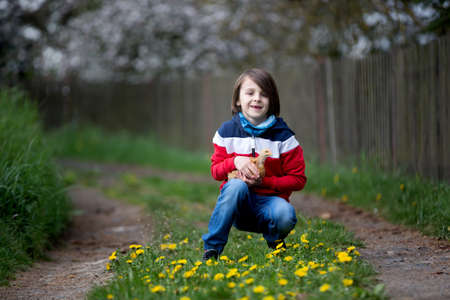 Sweet cute child, preschool boy, playing with little chick in the park ,, springtime