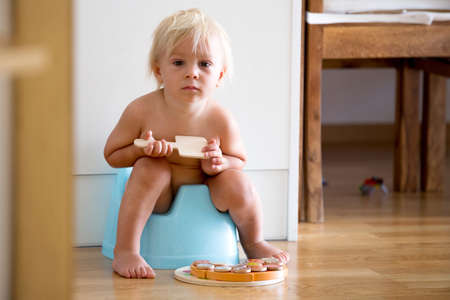 Little toddler boy, sitting on potty, playing with wooden toy at homeの写真素材