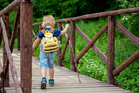 Little toddler child, boy, walking on little path next to a fence in the park, hiking on a summer dayの写真素材