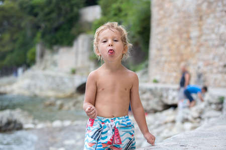 Cute child, blond toddler boy, holding sea urchin on the beach, summertimeの写真素材