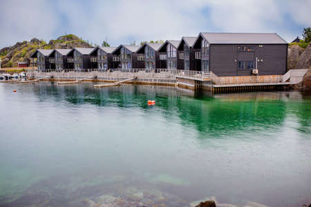 Beautiful houses in a row in a little village called Hamn i Senja on Senja island, Northern Norway