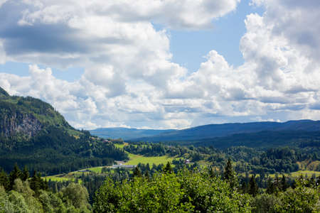 Beautiful landscape in Norway with fjords, trees and beautiful sky, summertime