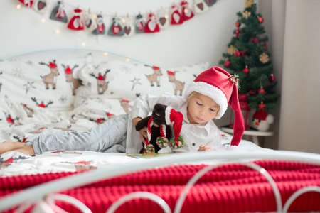 Beautiful toddler child, reading book in bed on Christmas, decoration around himの写真素材