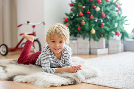 Beautiful toddler child, sitting with pet dog in front of  Christmas tree, decoration and presents around himの写真素材
