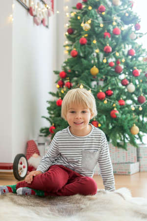 Beautiful toddler child, sitting in front of  Christmas tree, decoration and presents around himの写真素材