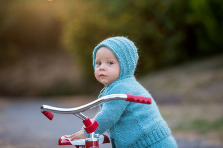 Cute toddler child, boy, playing with tricycle in backyard, kid riding bike on sunsetの写真素材