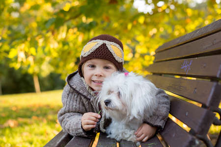 Happy child, playing in autumn park with his pet dog, maltese white puppy on sunset