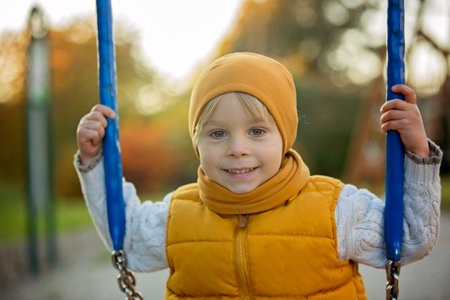 Happy child, playing with in autumn park on a sunny day, foliage and leaves all around him, swinging happilyの写真素材