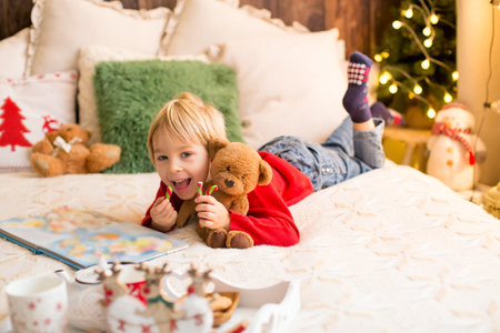 Blond child, toddler boy, having fun at home on Christmas,  playing with colorful candy canesの写真素材
