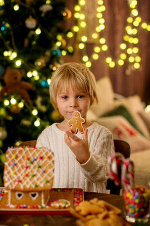 Blond toddler child, cute boy, making Christmas ginger bread house at homeの写真素材