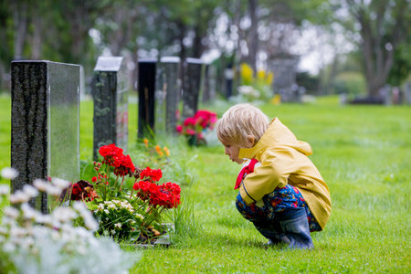 Sad little child, blond boy, standing in the rain on cemetery, sad person, mourning, summer rainy dayの写真素材