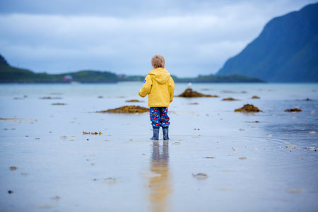 Cute child, running on a Norway white sand beach in the summer on Lofotenの写真素材