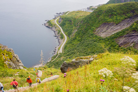 Children, toddler, brothers and father, climbing the stairs to Reinebringen, trekking path leading to the top of the mountain, where one can see Reine village and many fjords from aboveの写真素材