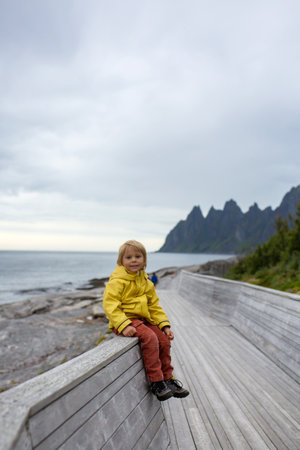 Child in Tungeneset, Senja, Norway, enjoying the beautiful view over the fjordsの写真素材