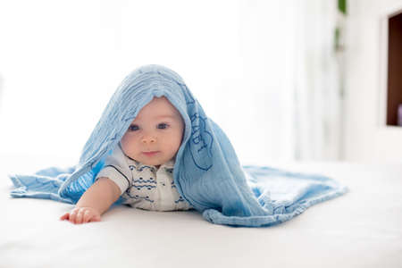 Cute little four month old baby boy, playing at home in bed in bedroom, soft back light behind himの写真素材